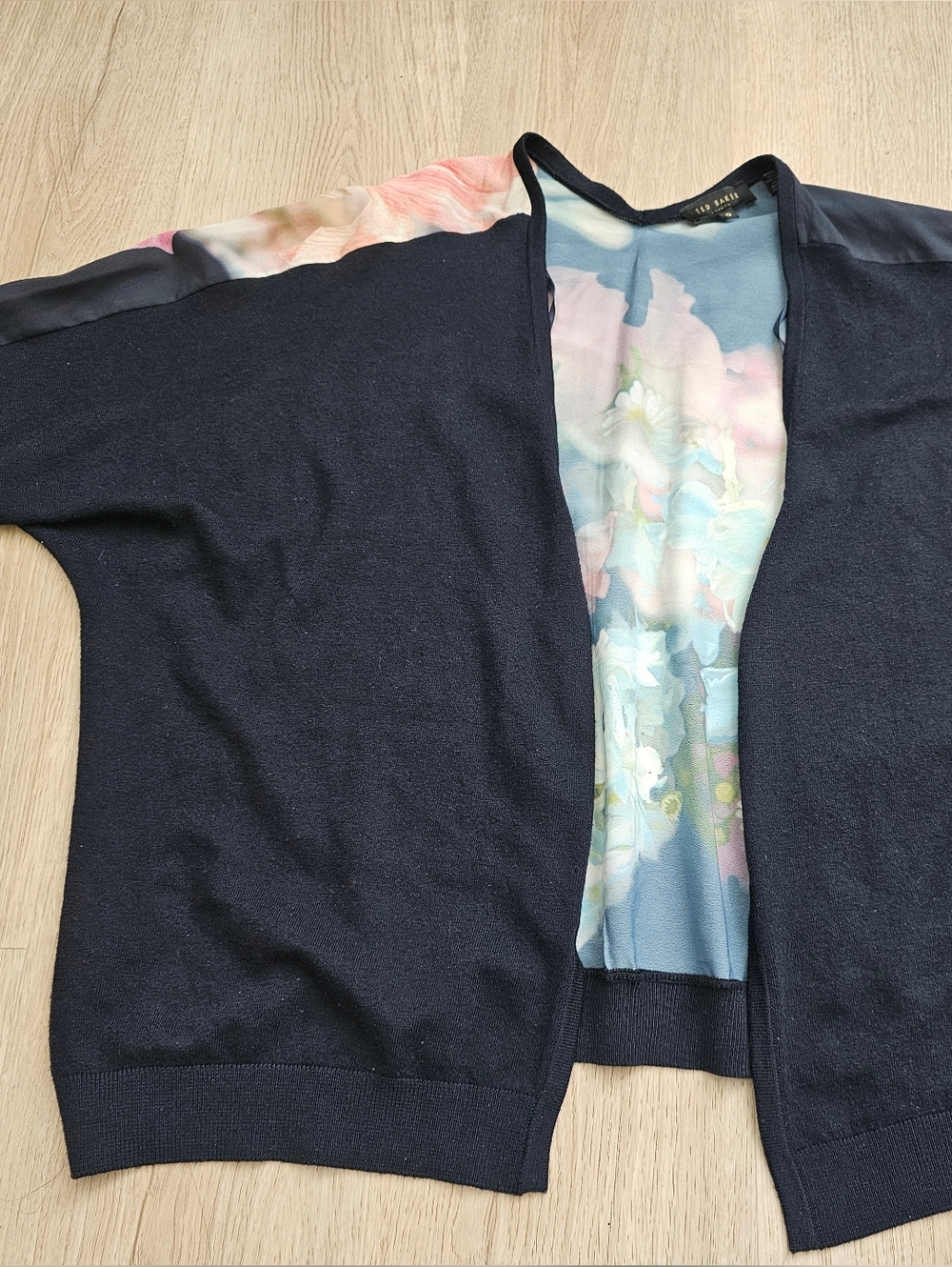 Ted Baker Navy Floral-Back Open Cardigan Sweater 0